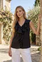 Blouse fluide sans manches à volants - Noir