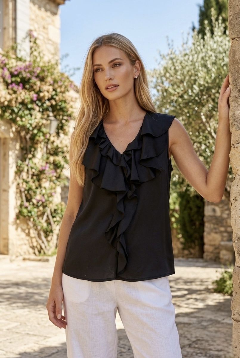 Blouse fluide sans manches à volants - Noir