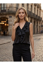 Blouse fluide sans manches à volants - Noir