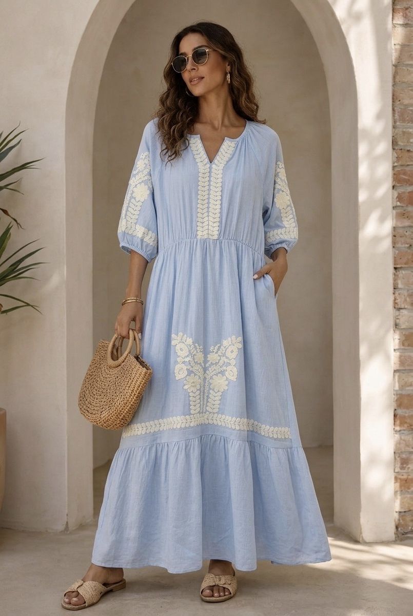 Robe Bohème Brodée Lora Esprit Soleil Élégant - Bleu