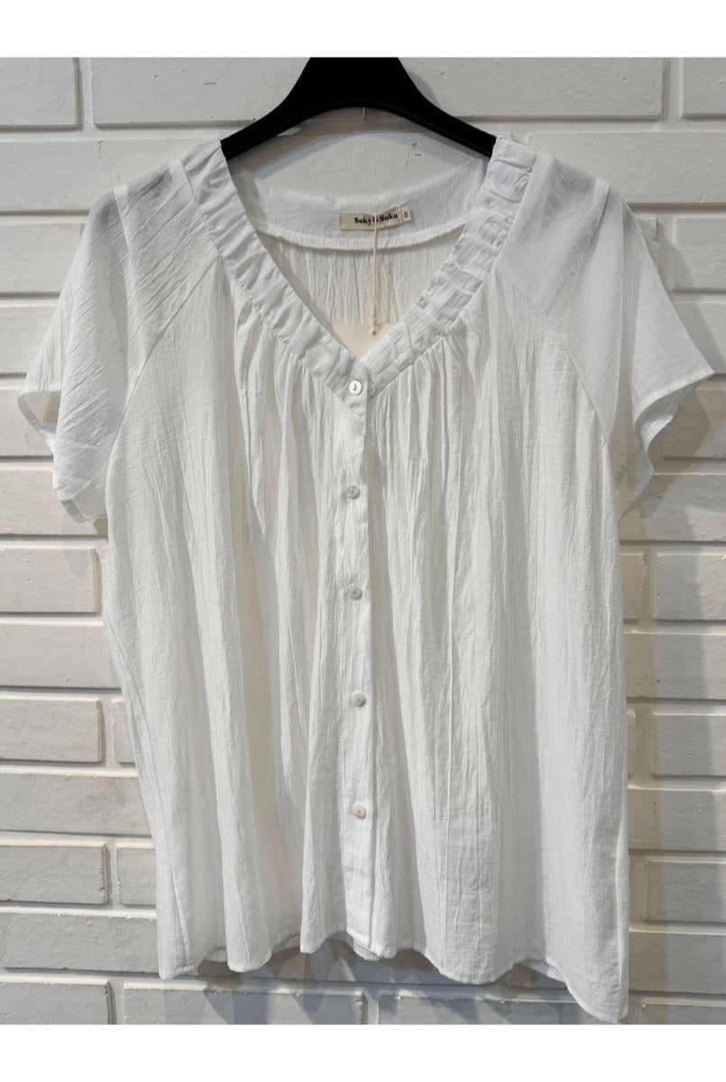Top fluide col volant blanc bleu rose - Blanc