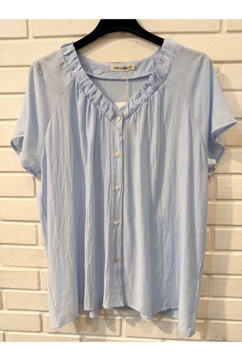 Top fluide col volant blanc bleu rose - Bleu