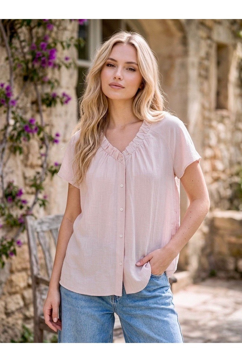 Top fluide col volant blanc bleu rose - Rose