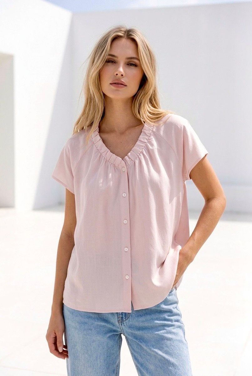 Top fluide col volant blanc bleu rose - Rose