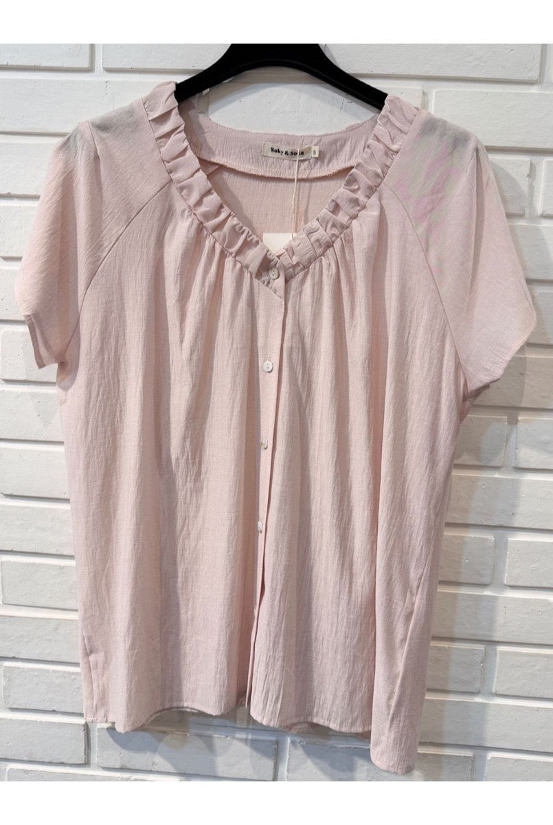 Top fluide col volant blanc bleu rose - Rose
