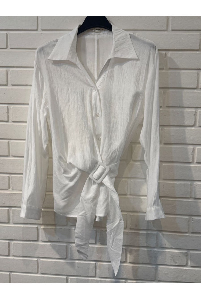 Chemise portefeuille fluide à ceinture nouée - Blanc