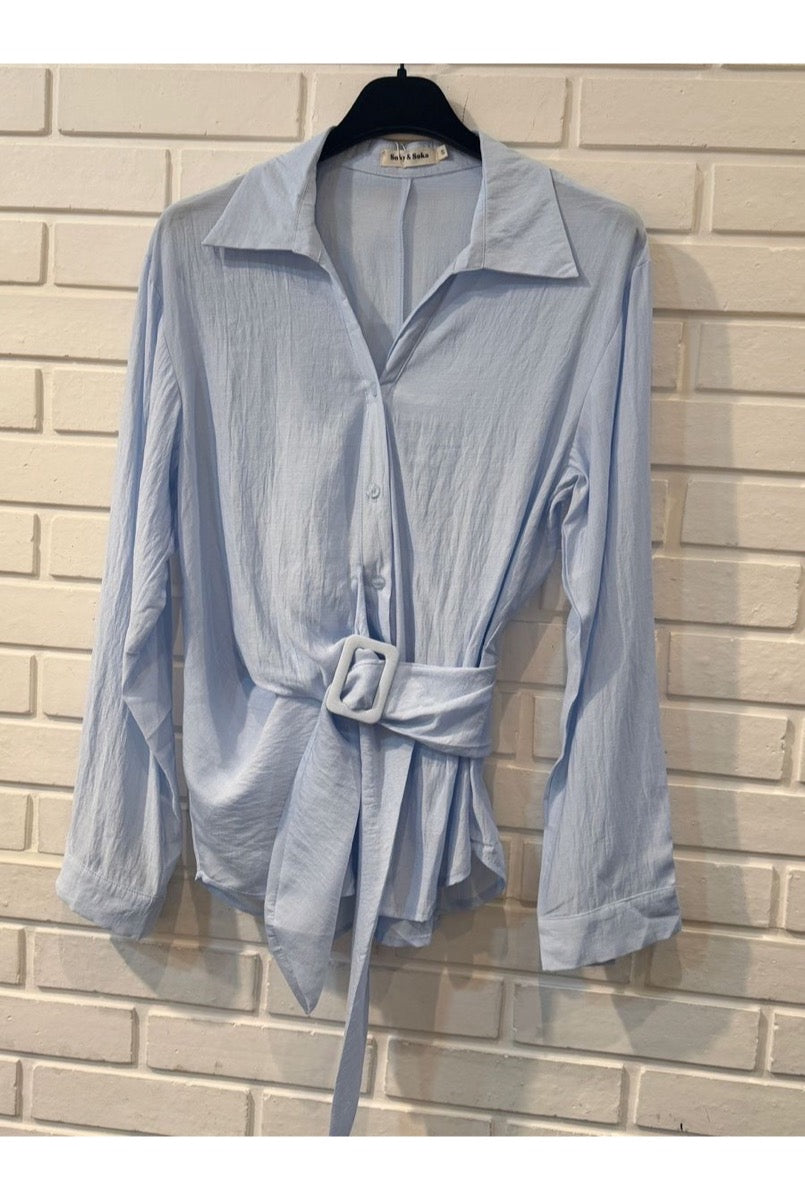 Chemise portefeuille fluide à ceinture nouée - Bleu