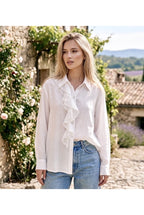 Chemise fluide à volants blanche bleue - Blanc