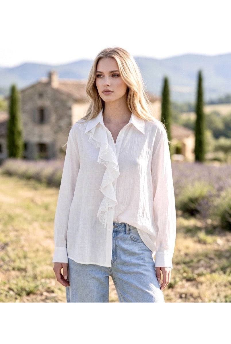 Chemise fluide à volants blanche bleue - Blanc