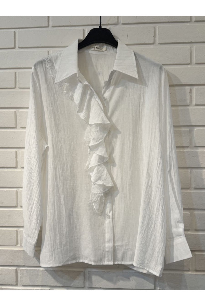 Chemise fluide à volants blanche bleue - Blanc