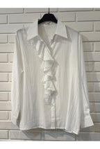 Chemise fluide à volants blanche bleue - Blanc