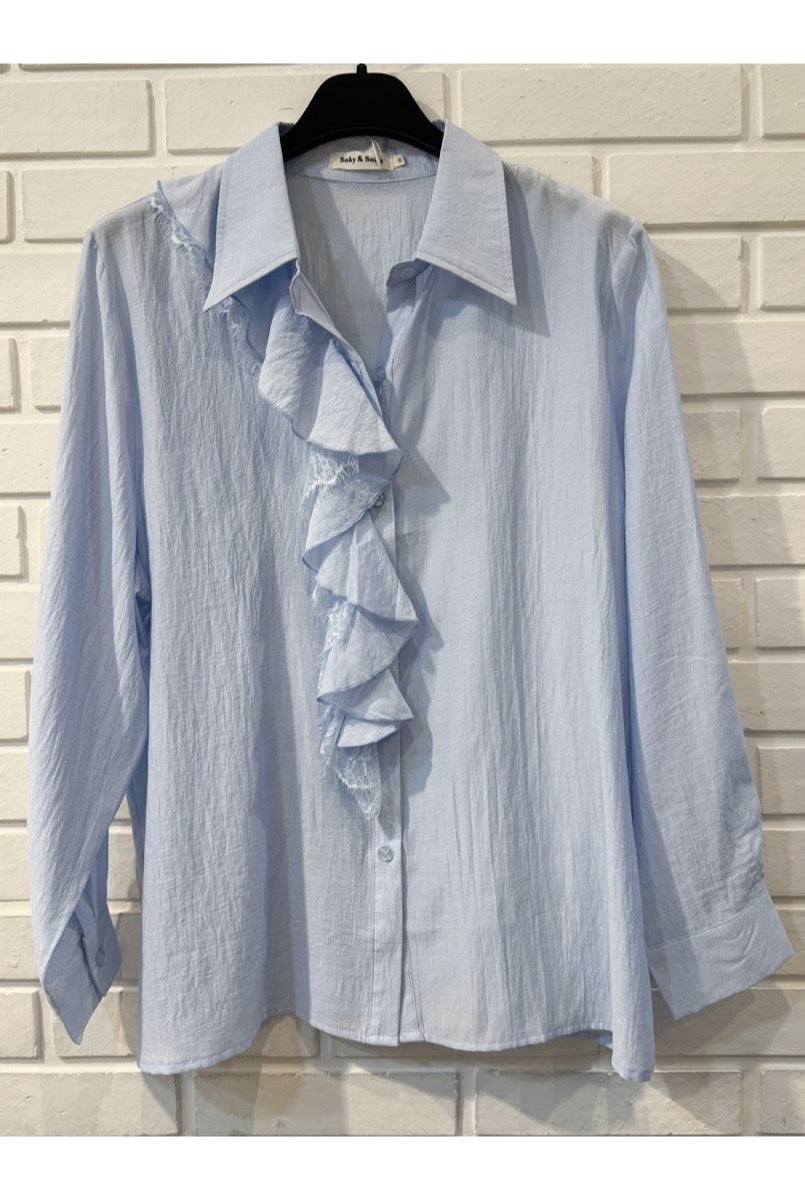 Chemise fluide à volants blanche bleue - Bleu