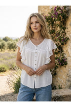 Top fluide volant dentelle blanc bleu - Blanc