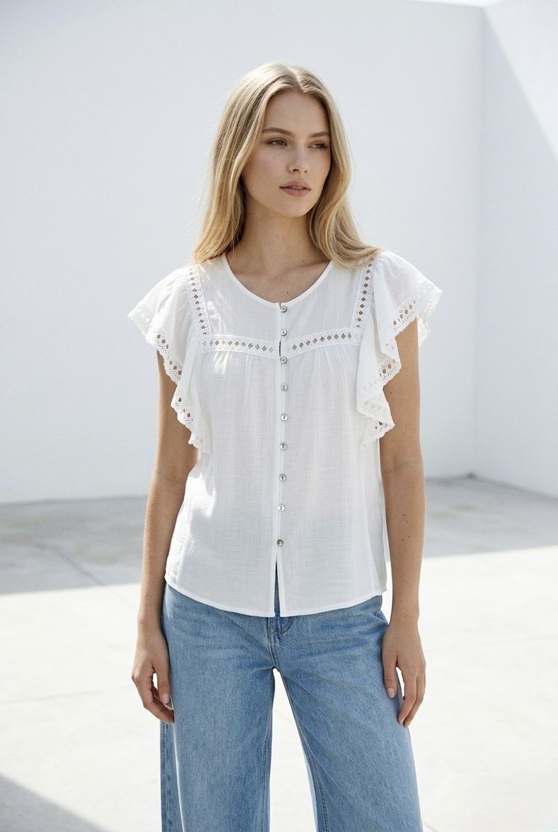 Top fluide volant dentelle blanc bleu - Blanc