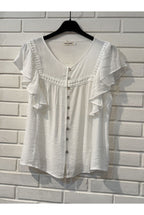 Top fluide volant dentelle blanc bleu - Blanc