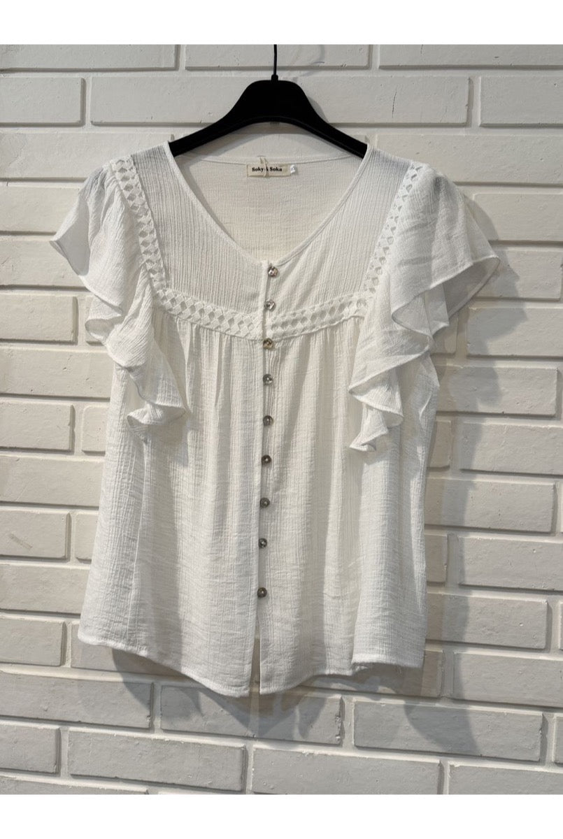 Top fluide volant dentelle blanc bleu - Blanc