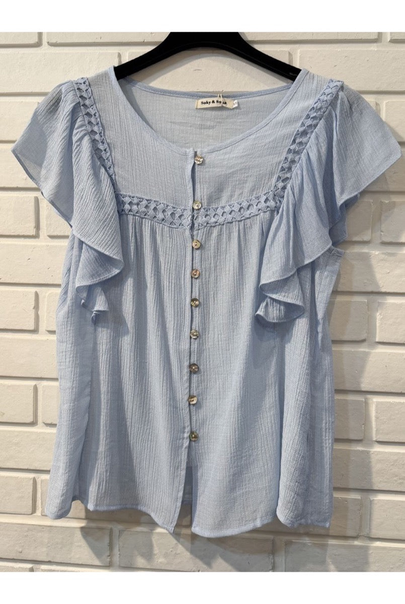 Top fluide volant dentelle blanc bleu - Bleu