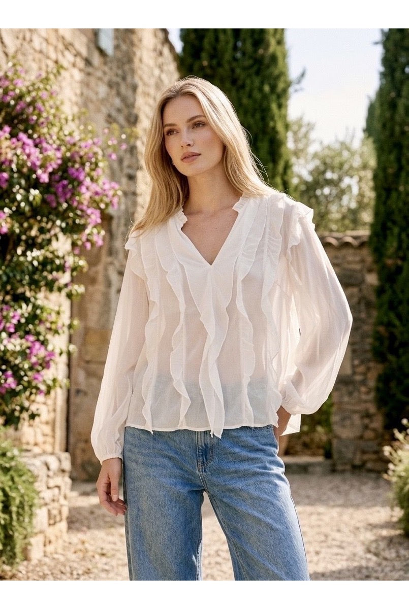 Blouse fluide volantée col V léger - Blanc
