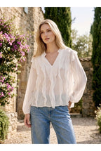 Blouse fluide volantée col V léger - Blanc