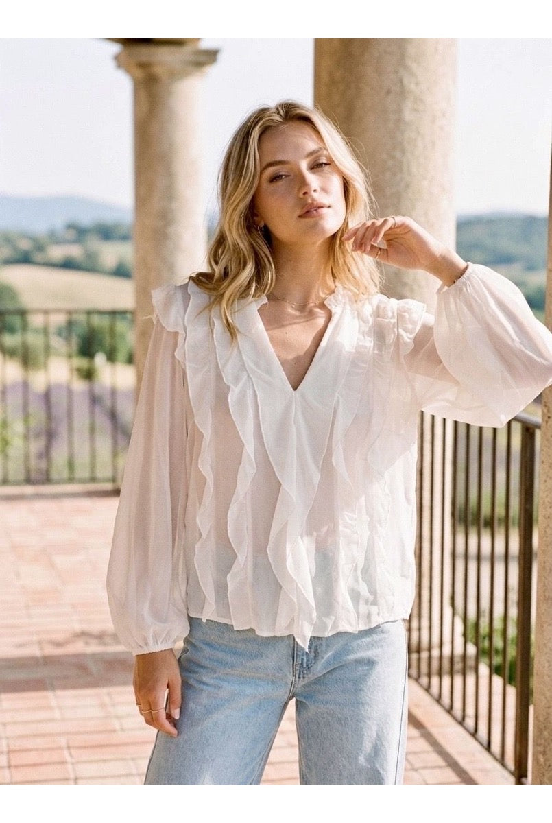 Blouse fluide volantée col V léger - Blanc