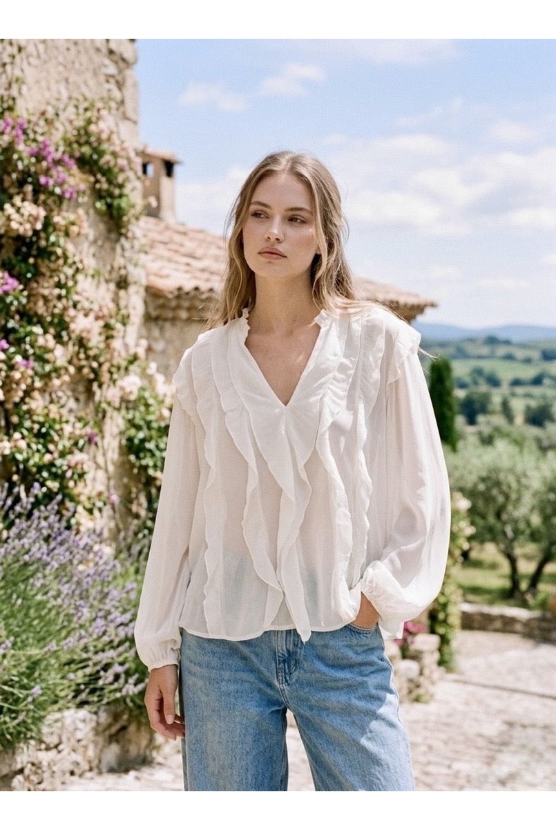 Blouse fluide volantée col V léger - Blanc