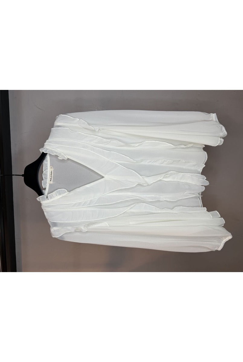 Blouse fluide volantée col V léger - Blanc
