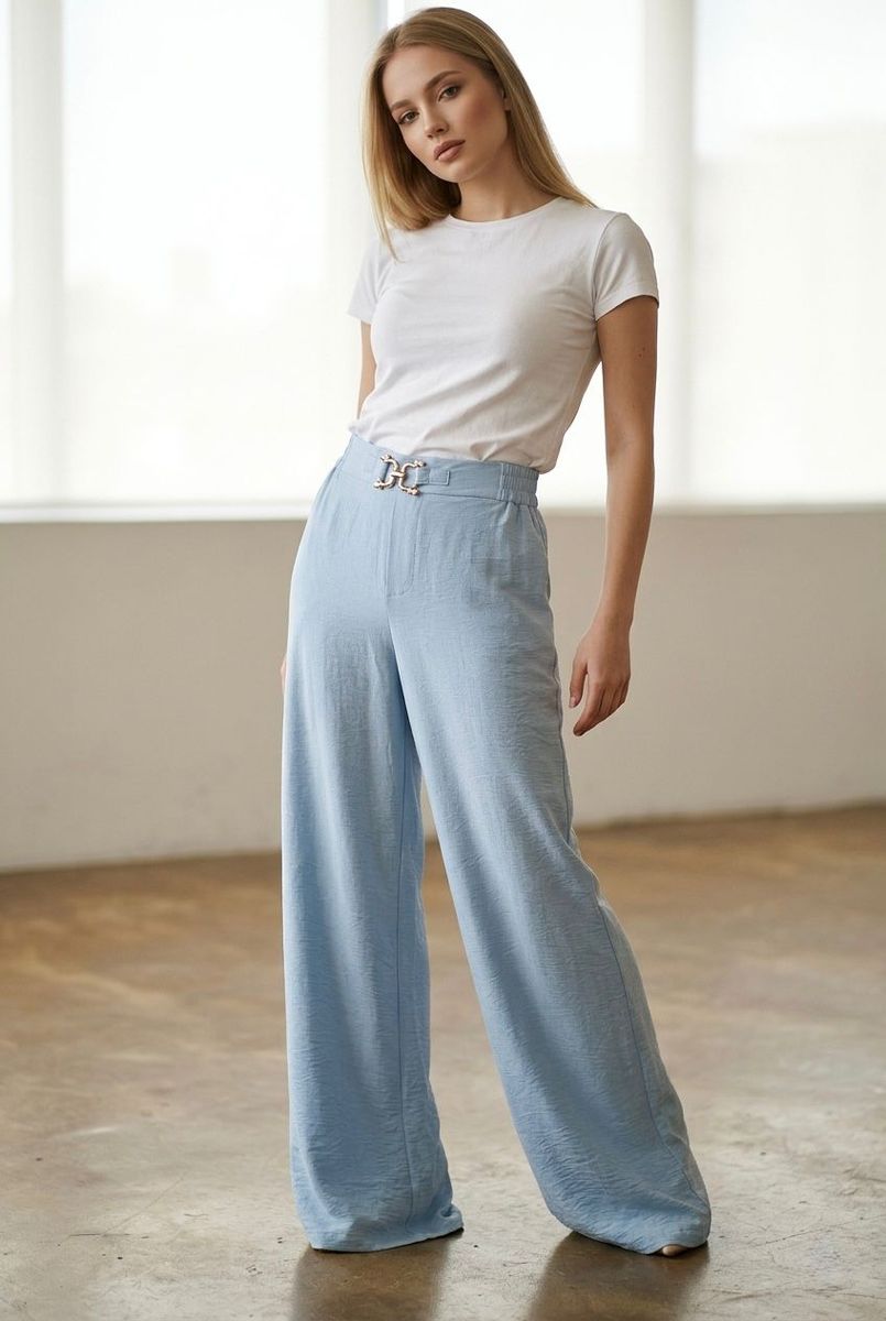 Pantalon fluide taille haute boucle - Bleu