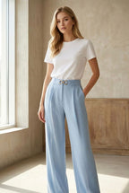 Pantalon fluide taille haute boucle - Bleu