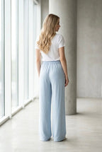 Pantalon fluide taille haute boucle - Bleu