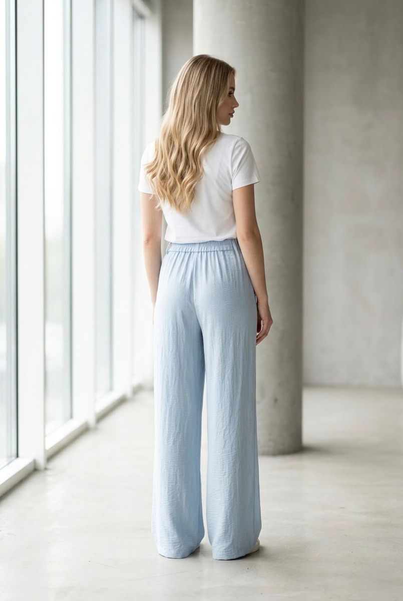 Pantalon fluide taille haute boucle - Bleu