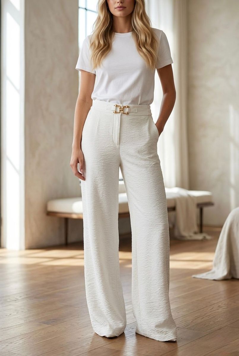 Pantalon fluide taille haute boucle - Écru