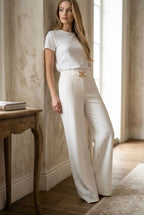 Pantalon fluide taille haute boucle - Écru