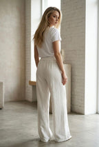Pantalon fluide taille haute boucle - Écru