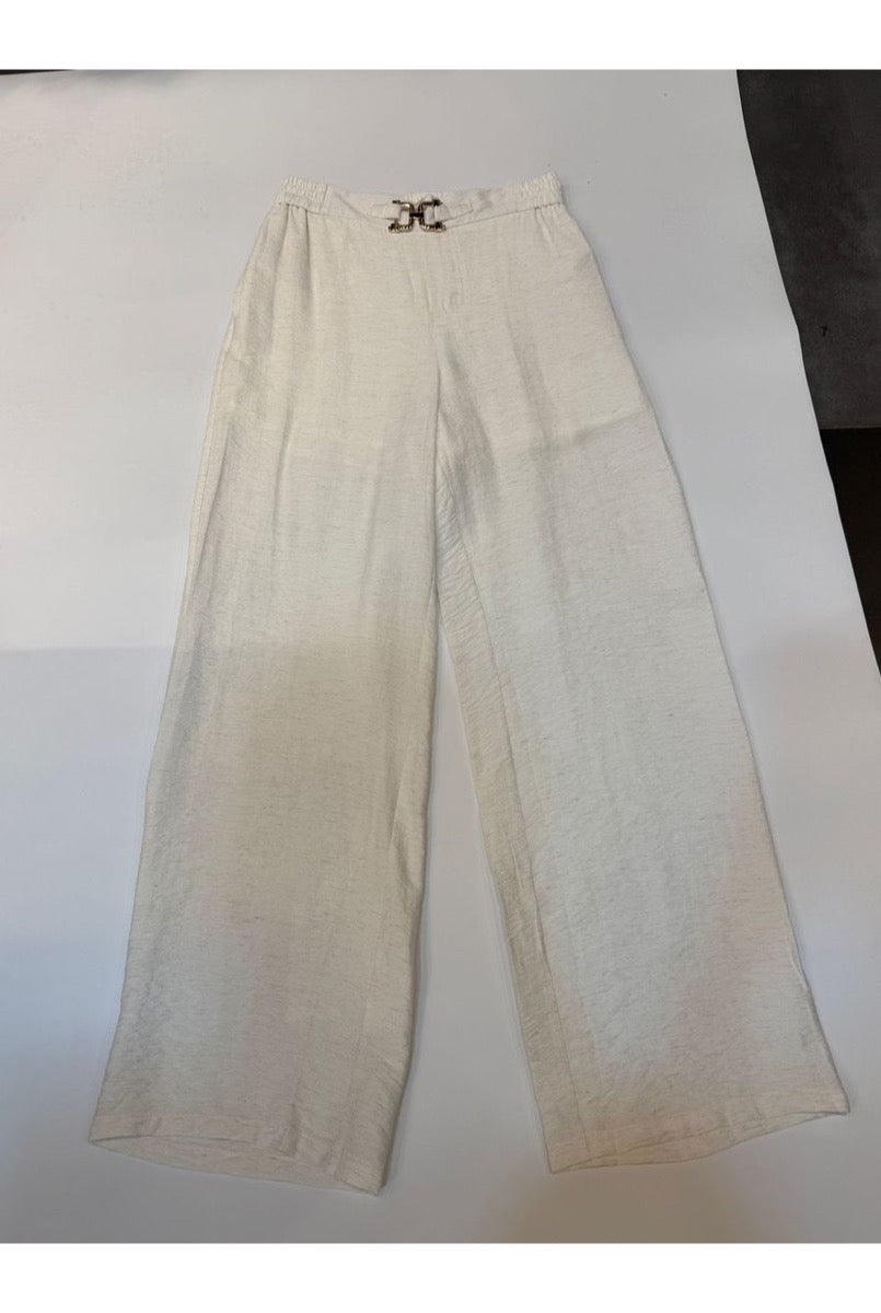 Pantalon fluide taille haute boucle - Écru