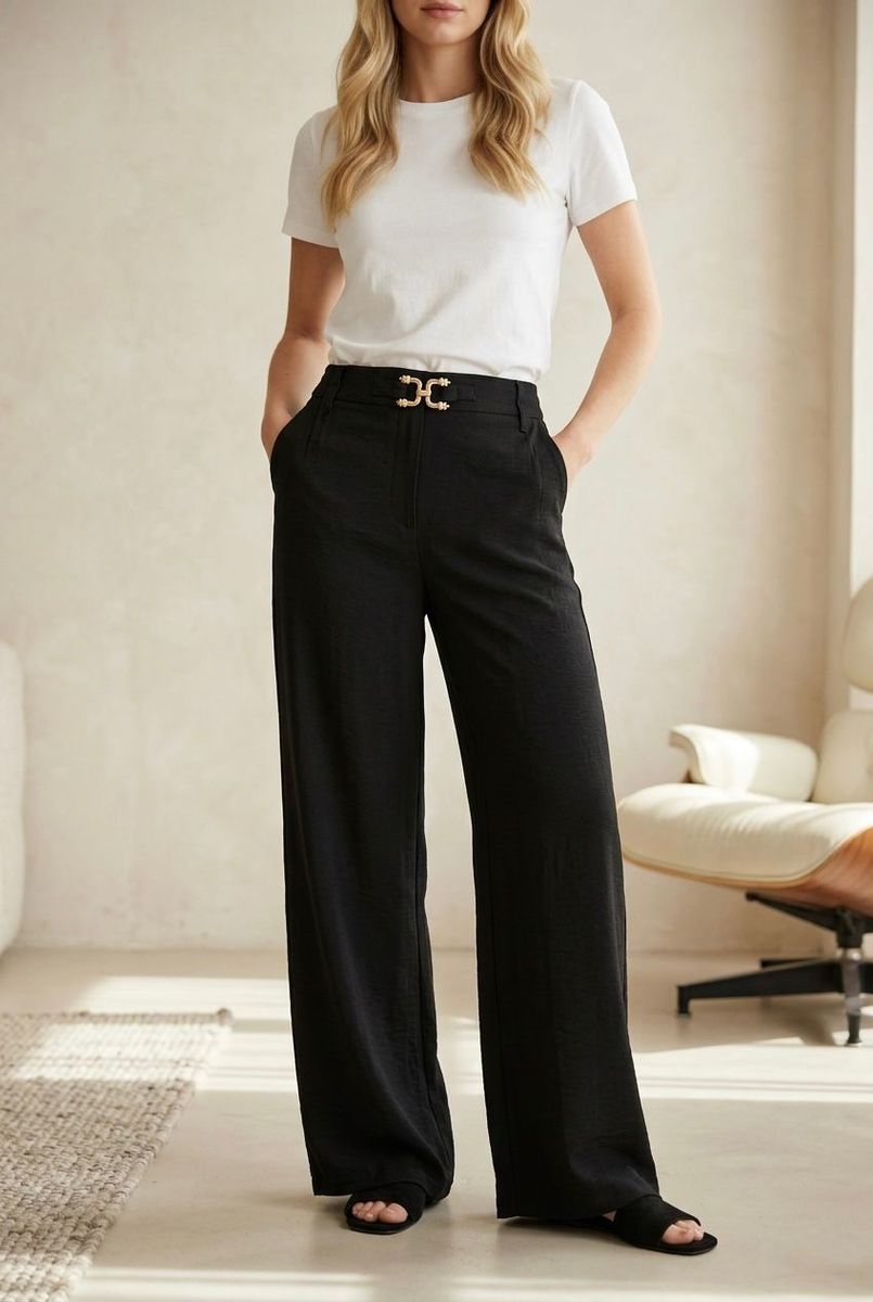 Pantalon fluide taille haute boucle - Noir