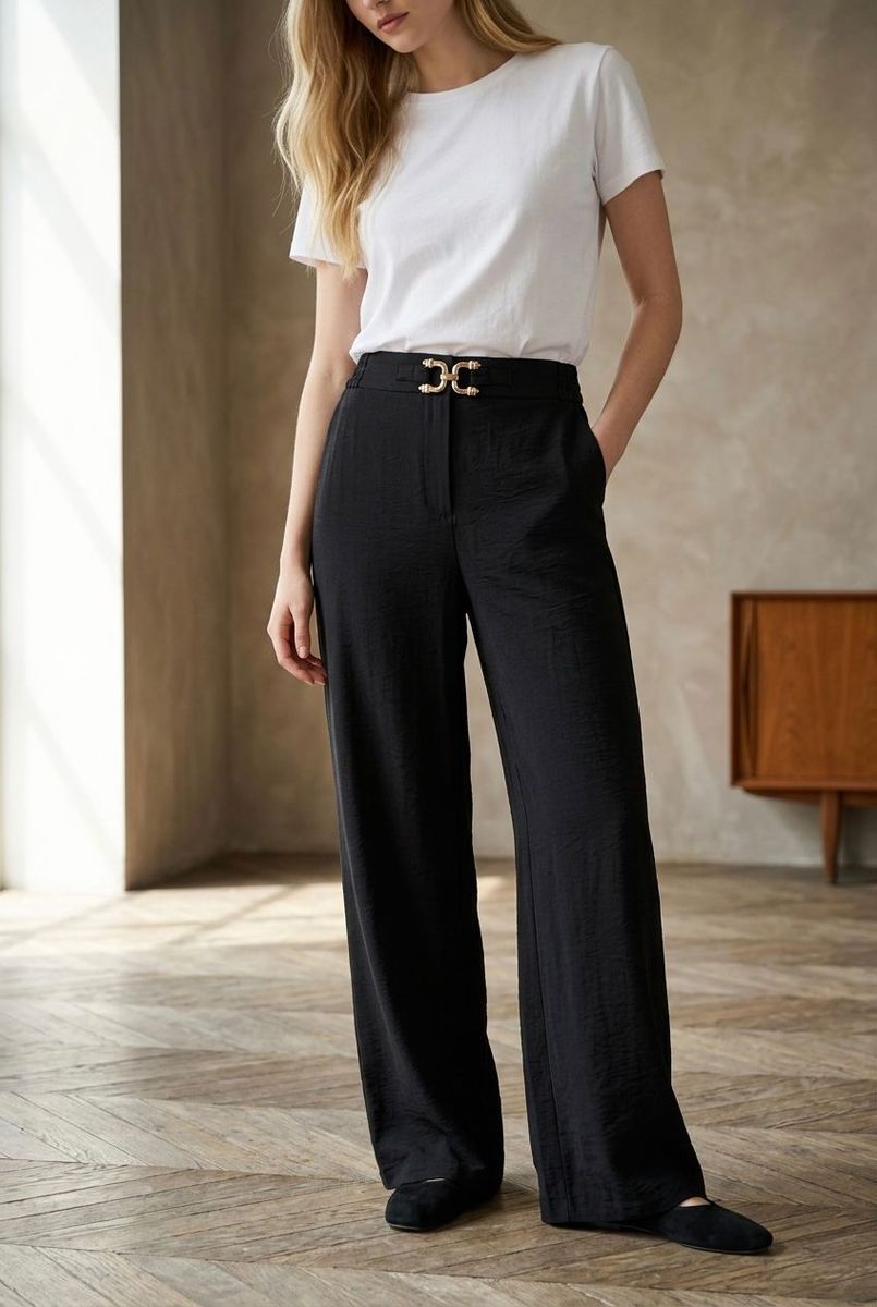Pantalon fluide taille haute boucle - Noir