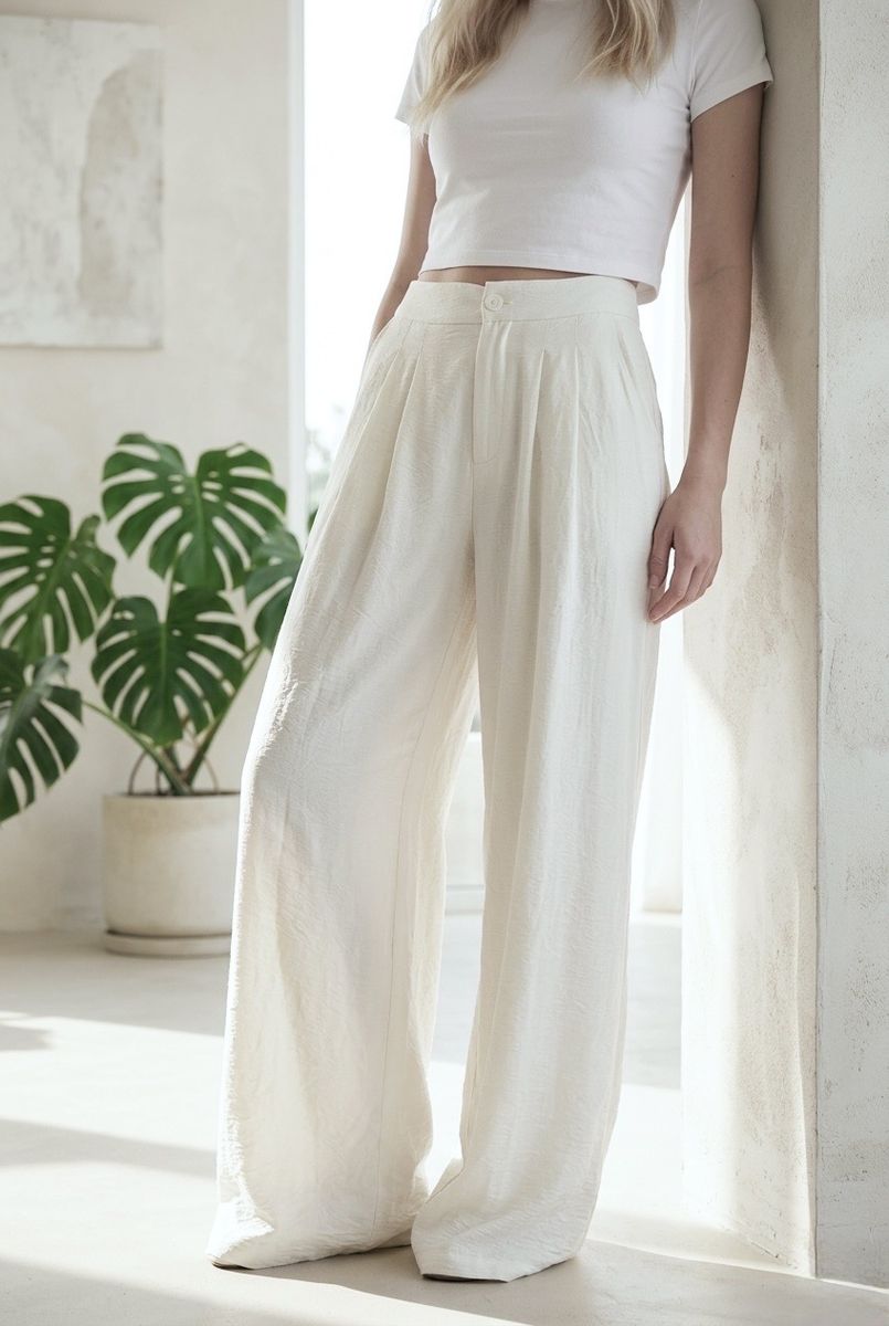 Pantalon fluide large taille haute élégant - Blanc