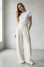 Pantalon fluide large taille haute élégant - Blanc