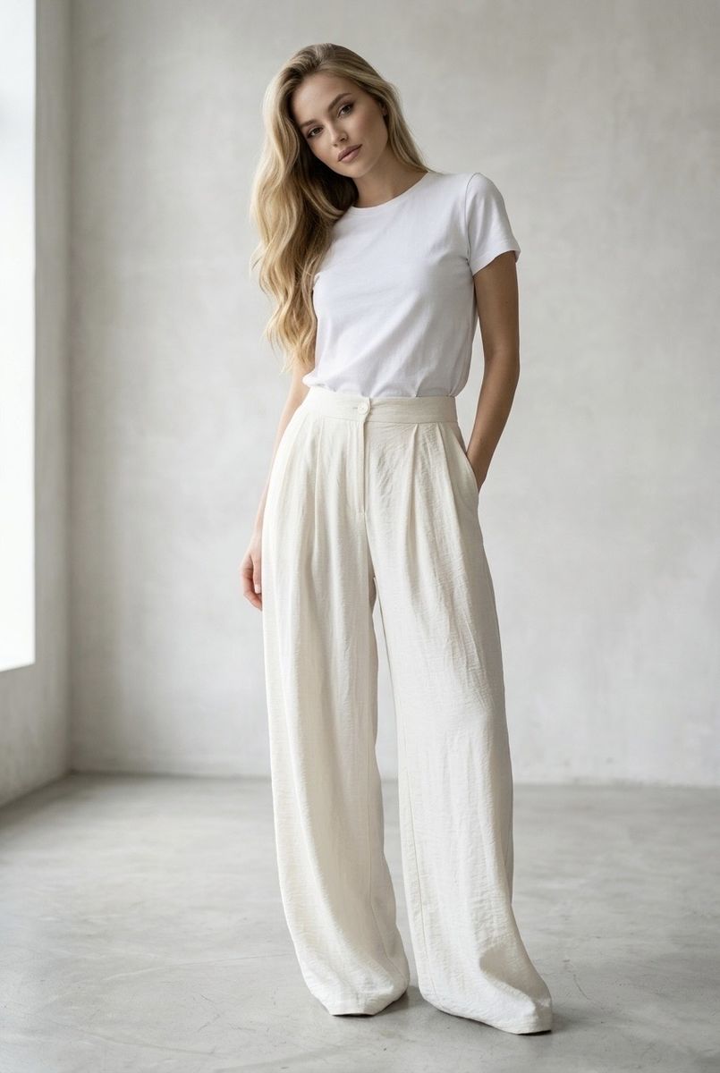 Pantalon fluide large taille haute élégant - Blanc