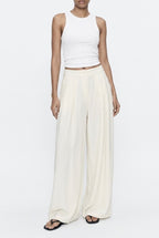 Pantalon fluide large taille haute élégant - Blanc