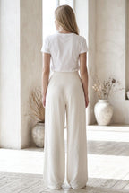 Pantalon fluide large taille haute élégant - Blanc