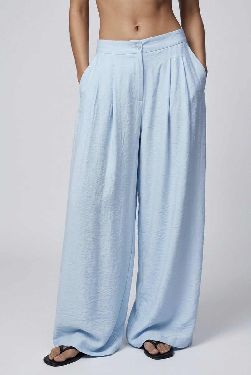 Pantalon fluide large taille haute élégant - Bleu