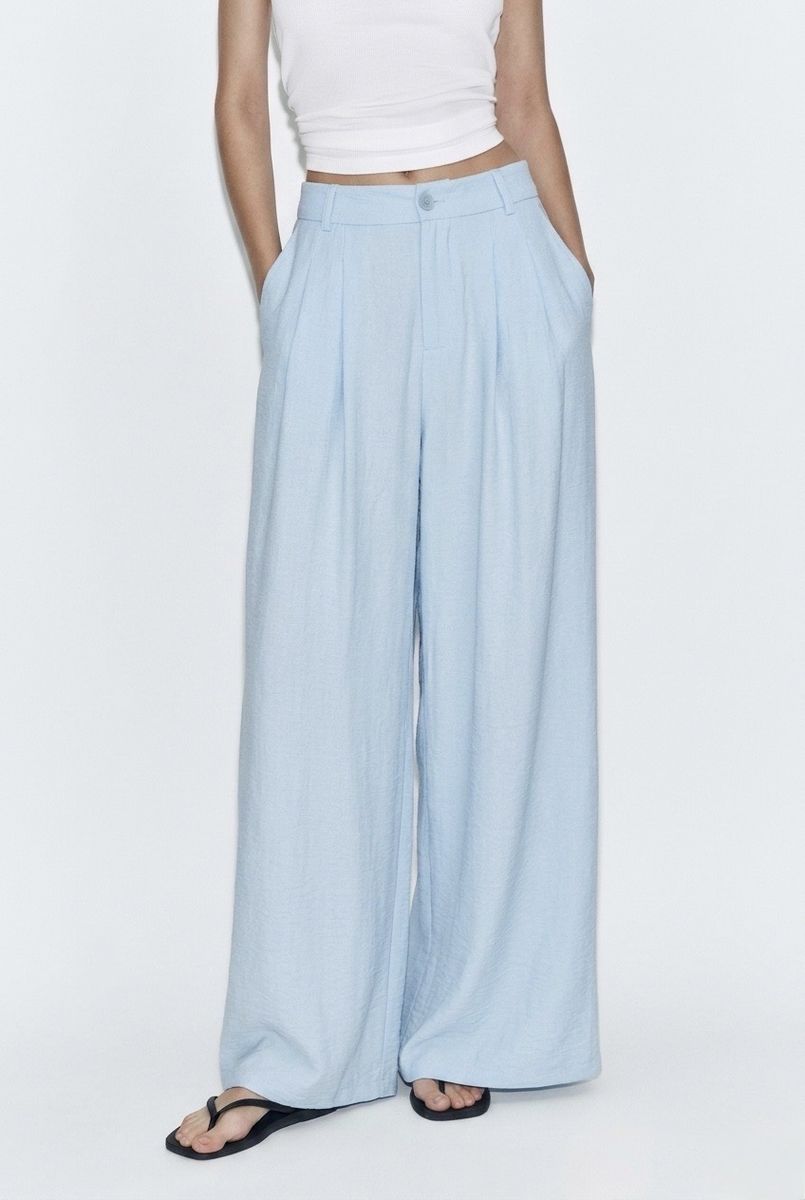 Pantalon fluide large taille haute élégant - Bleu
