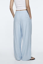 Pantalon fluide large taille haute élégant - Bleu
