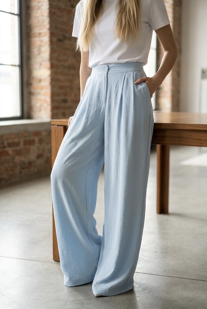Pantalon fluide large taille haute élégant - Bleu