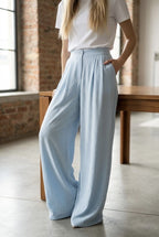 Pantalon fluide large taille haute élégant - Bleu