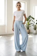 Pantalon fluide large taille haute élégant - Bleu