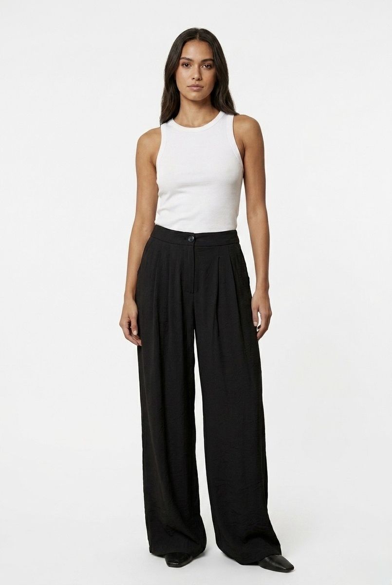 Pantalon fluide large taille haute élégant - Noir