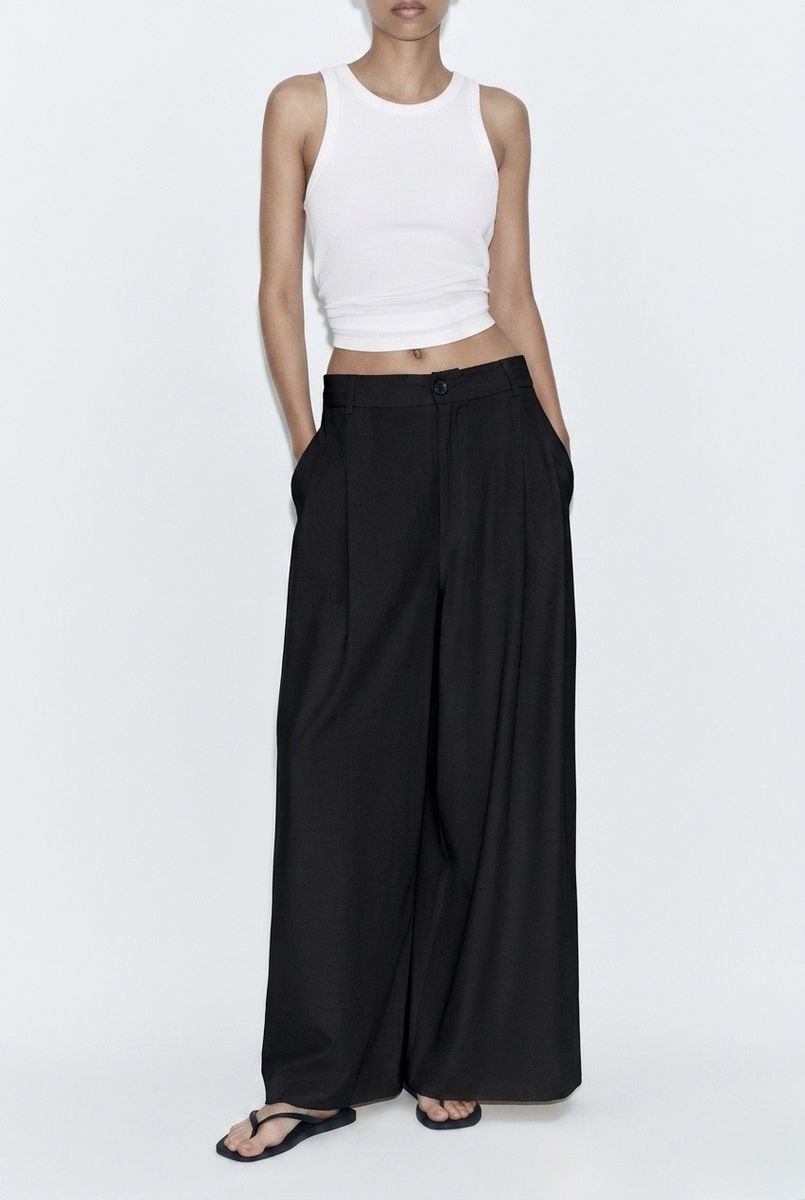 Pantalon fluide large taille haute élégant - Noir