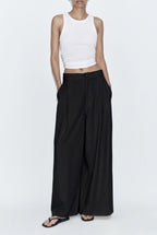 Pantalon fluide large taille haute élégant - Noir